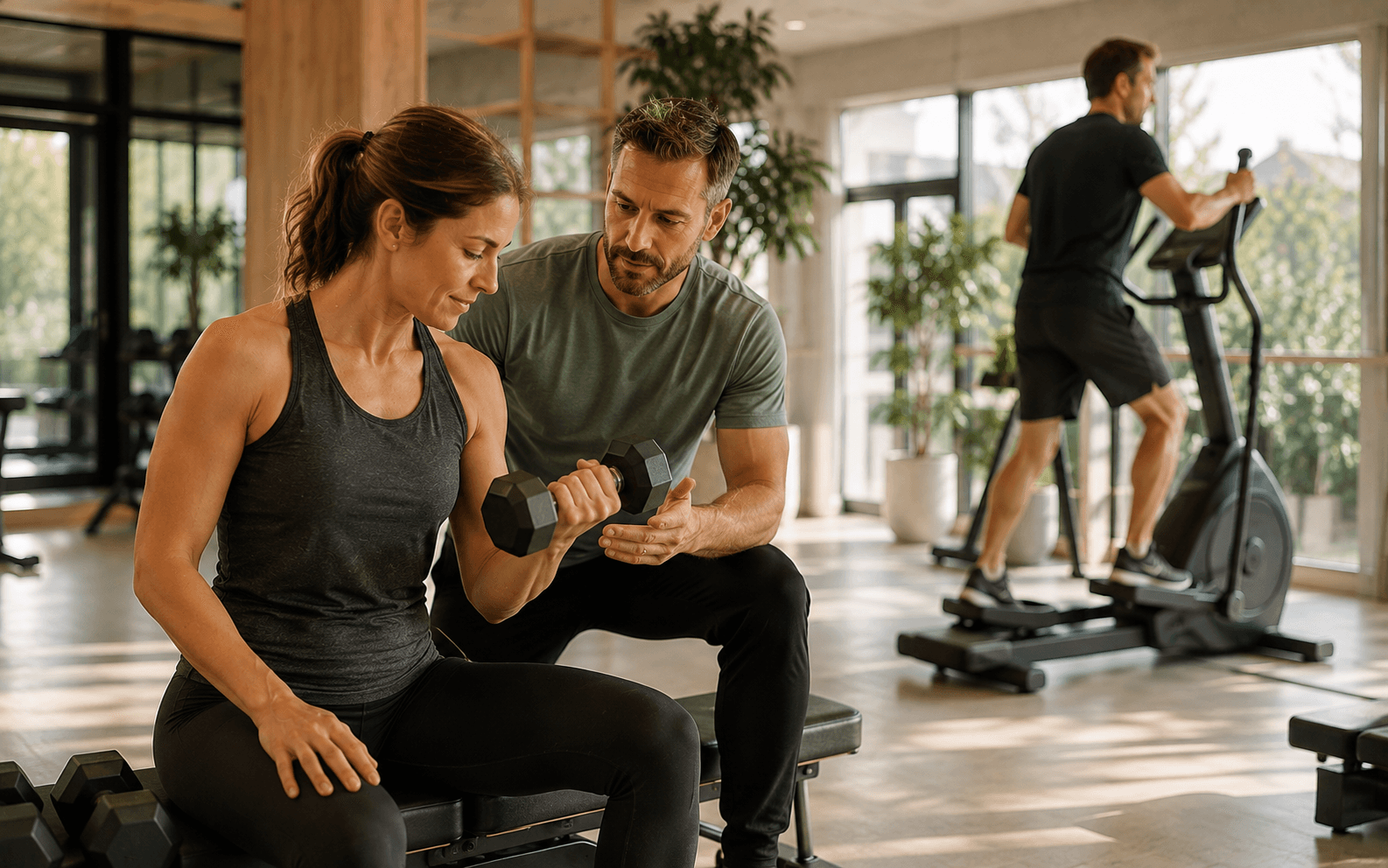 Een rustige, toegankelijke sportschool met een trainer die uitleg geeft