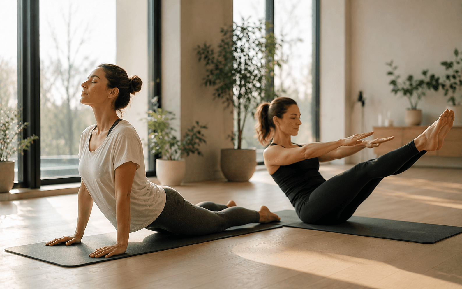 Yoga- en Pilates-houdingen naast elkaar in een rustige studio