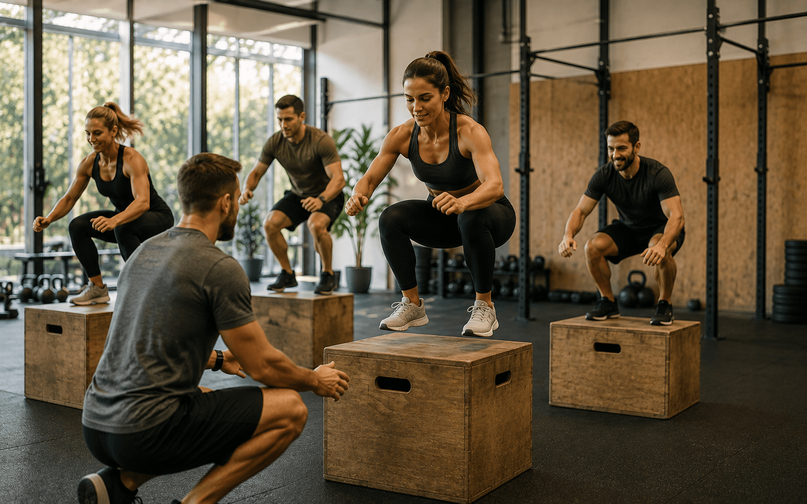 Groepstraining in een CrossFit-box met een box jump